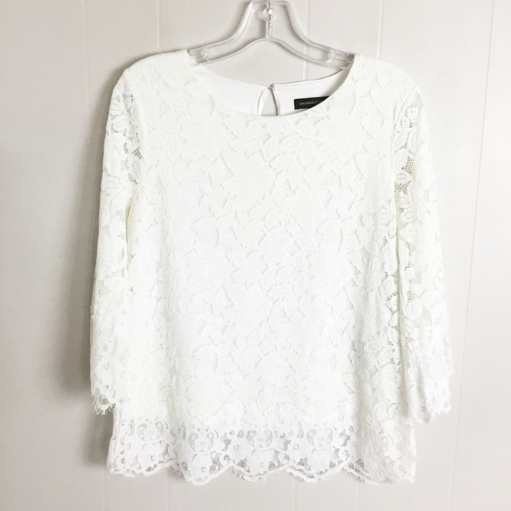 Banana Republic White Lace 3/4 Sleeve Top Size Small